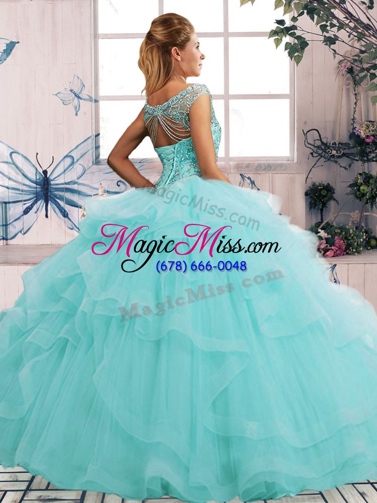 wholesale off the shoulder sleeveless tulle 15 quinceanera dress beading and ruffles lace up