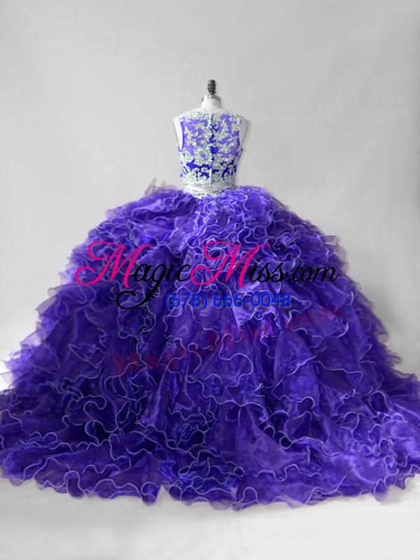 wholesale fabulous beading and ruffles sweet 16 dress purple zipper sleeveless brush train