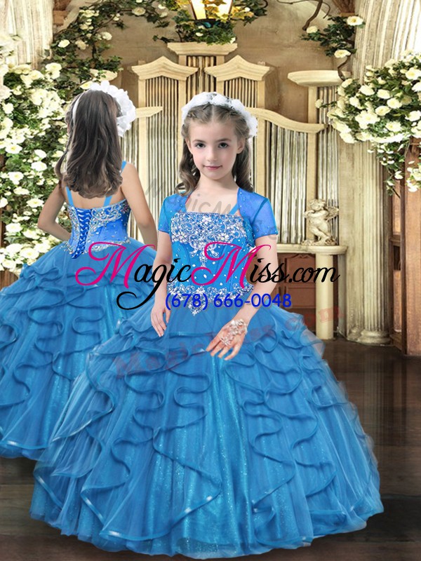 wholesale sleeveless floor length beading and ruffles lace up quince ball gowns with blue