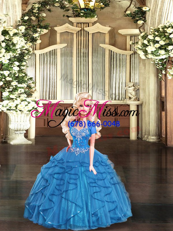 wholesale sleeveless floor length beading and ruffles lace up quince ball gowns with blue