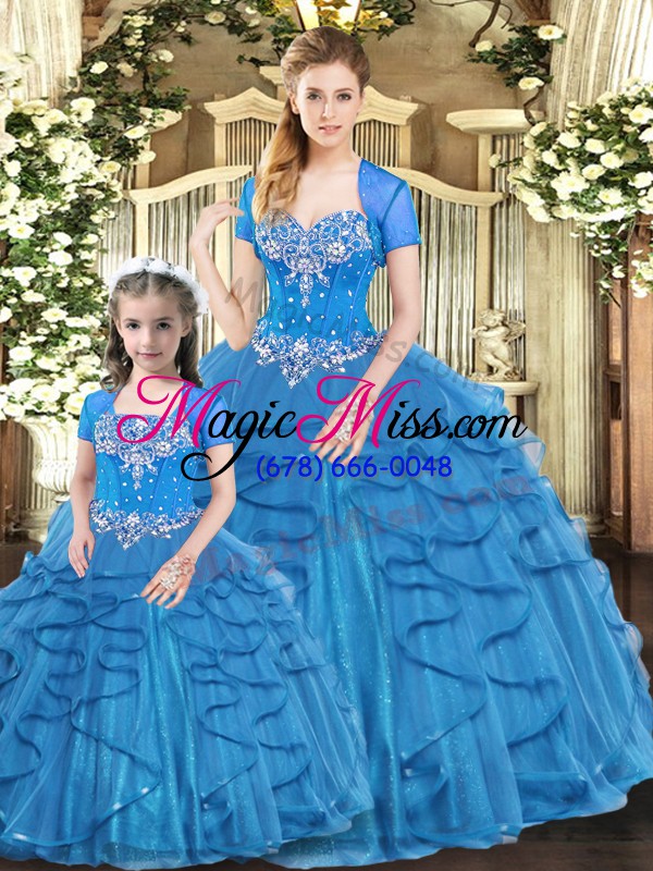 wholesale sleeveless floor length beading and ruffles lace up quince ball gowns with blue