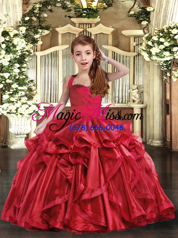 wholesale new style straps sleeveless pageant gowns for girls floor length ruffles red organza