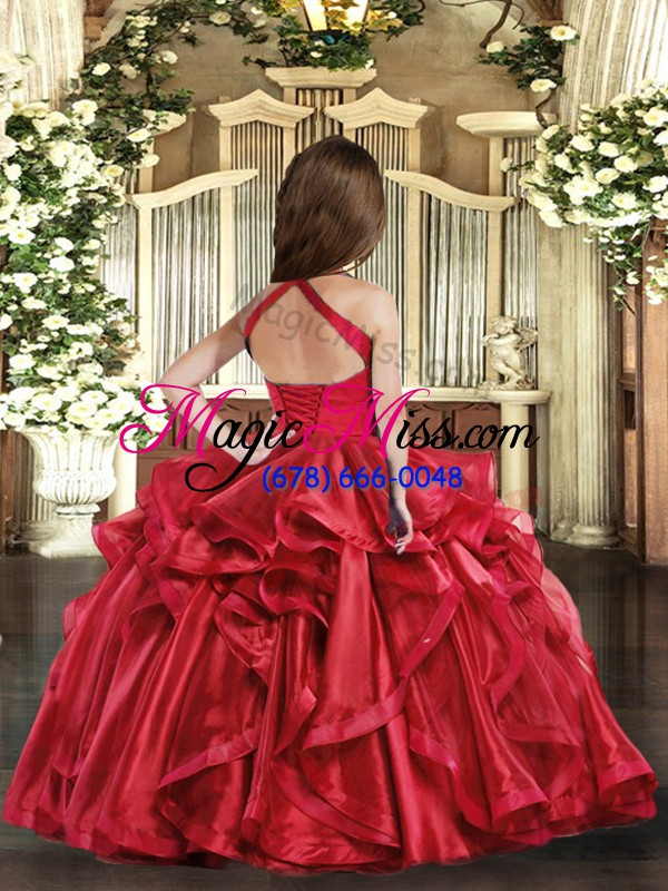 wholesale new style straps sleeveless pageant gowns for girls floor length ruffles red organza