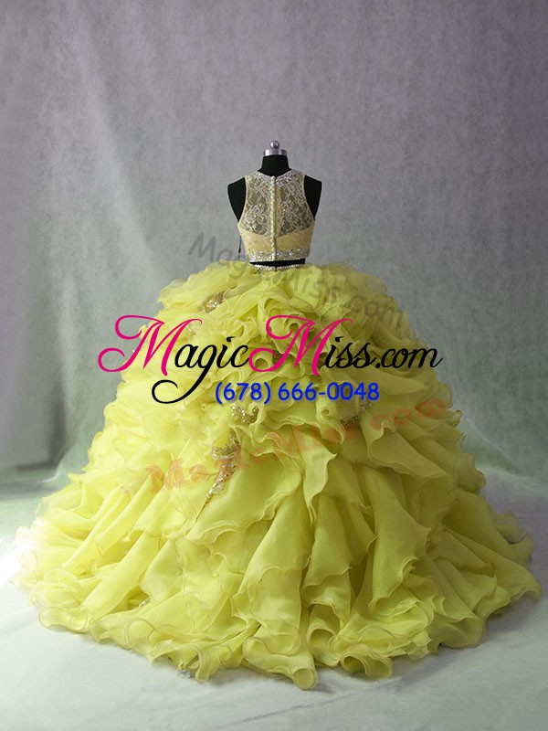 wholesale simple yellow green scoop zipper beading and ruffles sweet 16 dresses brush train sleeveless