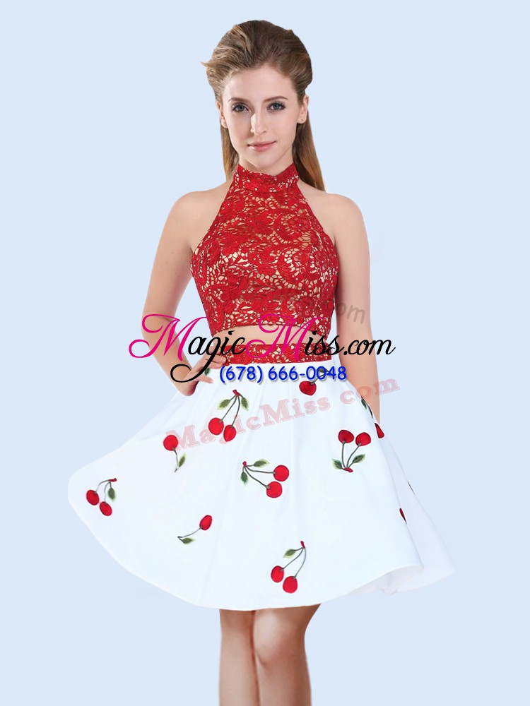 wholesale eye-catching sleeveless mini length lace and pattern lace up dama dress for quinceanera with white and red