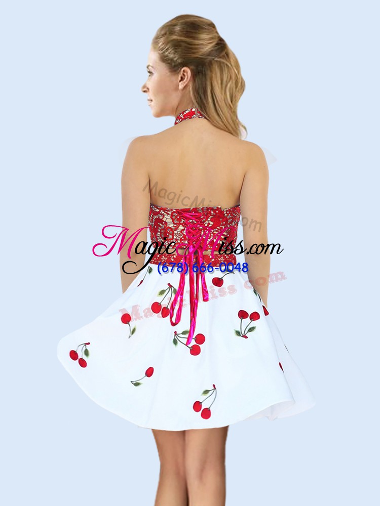 wholesale eye-catching sleeveless mini length lace and pattern lace up dama dress for quinceanera with white and red