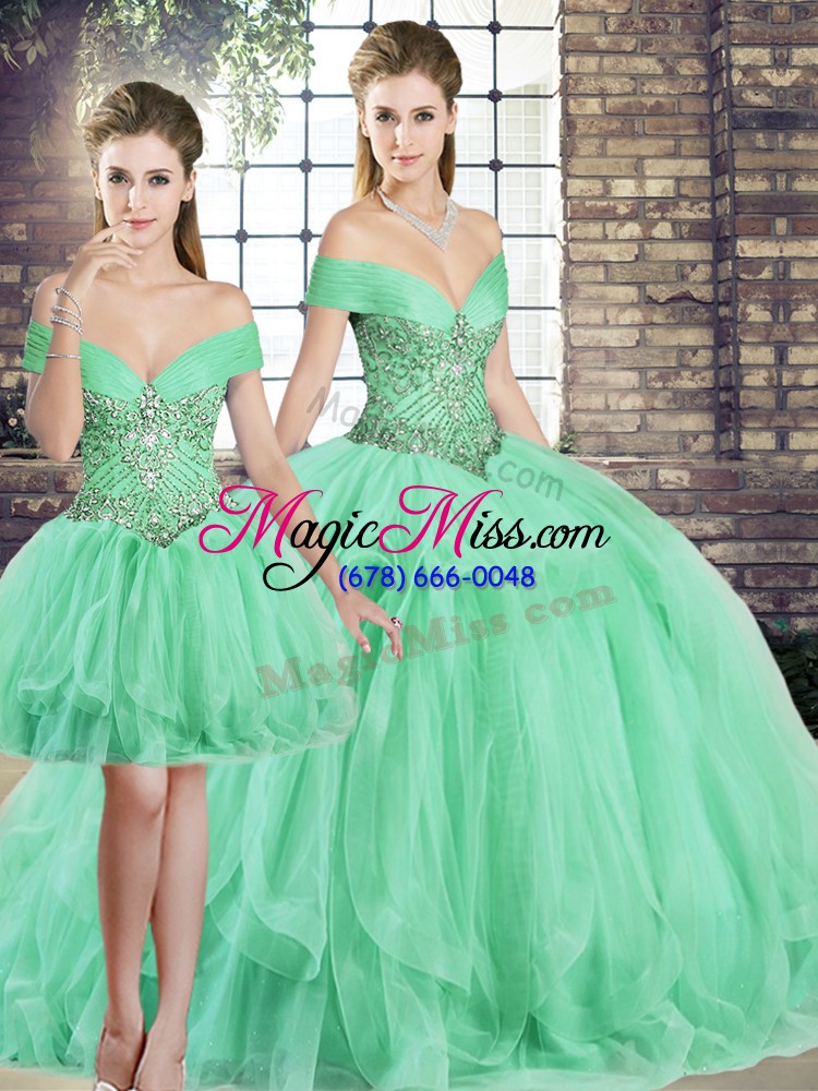 wholesale high end sleeveless floor length beading and ruffles lace up sweet 16 quinceanera dress with apple green