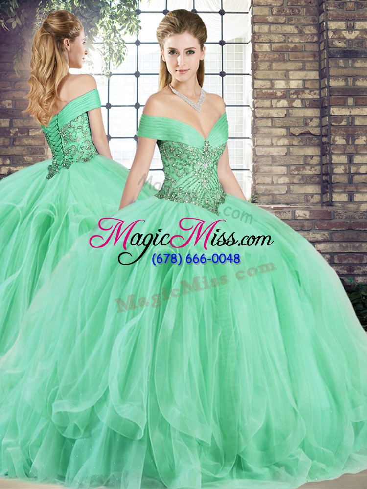 wholesale high end sleeveless floor length beading and ruffles lace up sweet 16 quinceanera dress with apple green