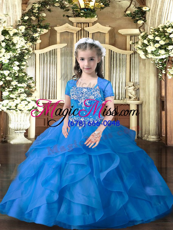 wholesale hot sale floor length lace up pageant dress for girls blue for military ball and wedding party with beading and ruffles