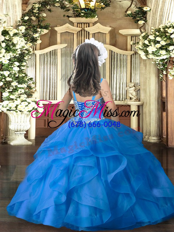 wholesale hot sale floor length lace up pageant dress for girls blue for military ball and wedding party with beading and ruffles