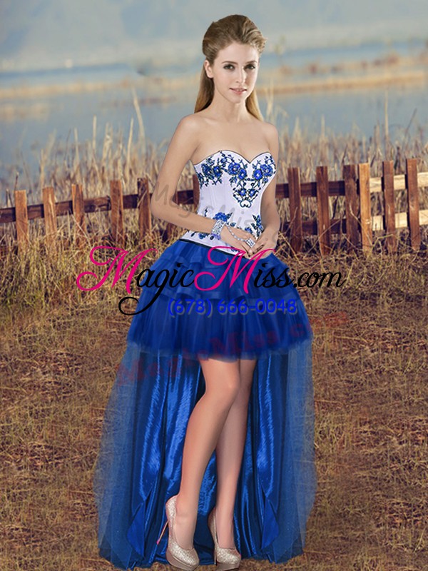 wholesale super royal blue ball gowns embroidery and bowknot quinceanera gowns lace up tulle sleeveless floor length