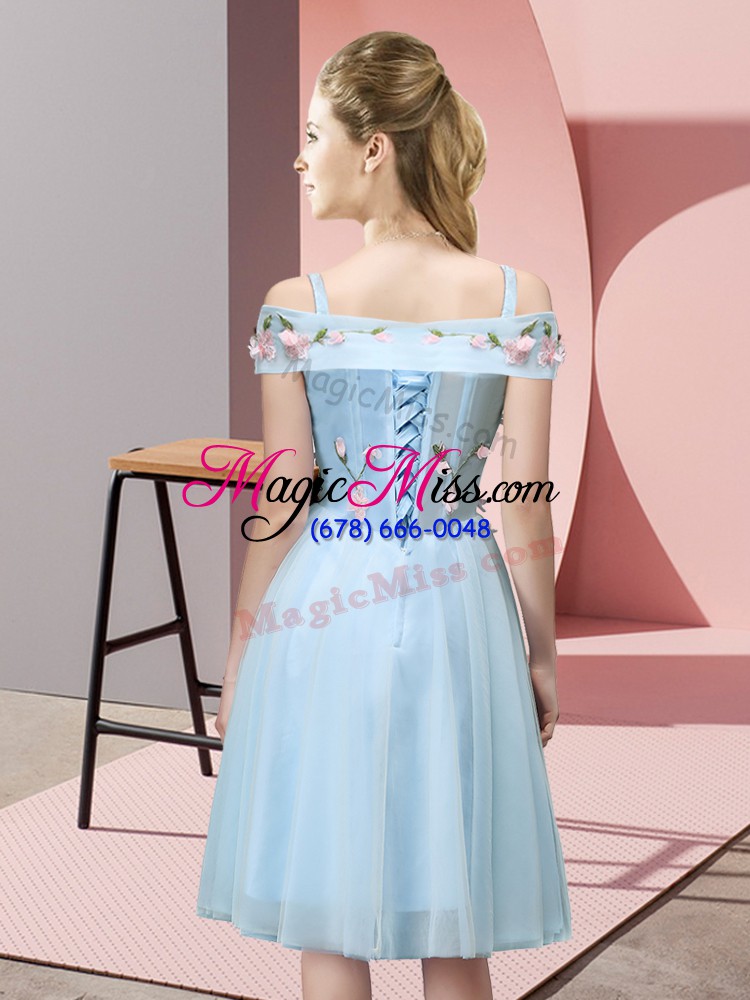 wholesale off the shoulder short sleeves lace up bridesmaids dress aqua blue tulle