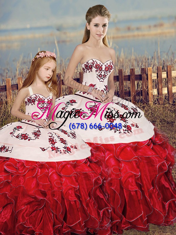 wholesale custom design embroidery and ruffles and bowknot quinceanera gowns white and red lace up sleeveless floor length