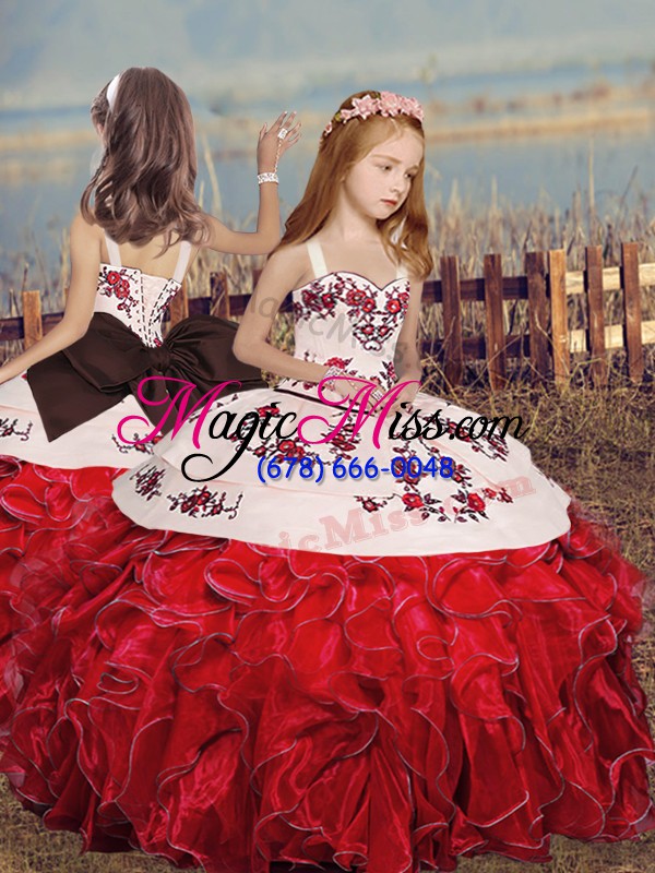 wholesale custom design embroidery and ruffles and bowknot quinceanera gowns white and red lace up sleeveless floor length