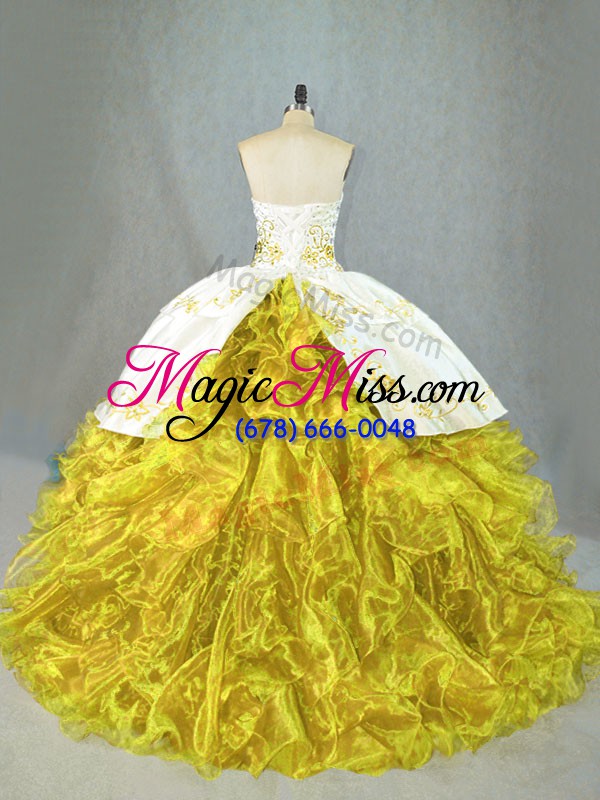 wholesale satin and organza sleeveless quinceanera dress brush train and beading and embroidery and ruffles