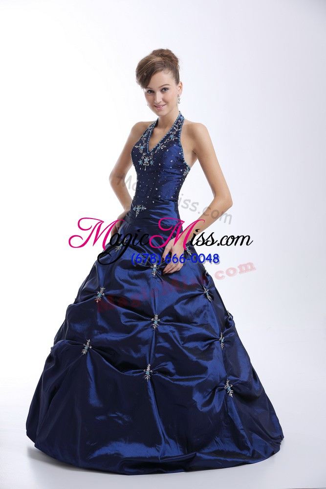 wholesale halter top sleeveless lace up quinceanera gown royal blue taffeta