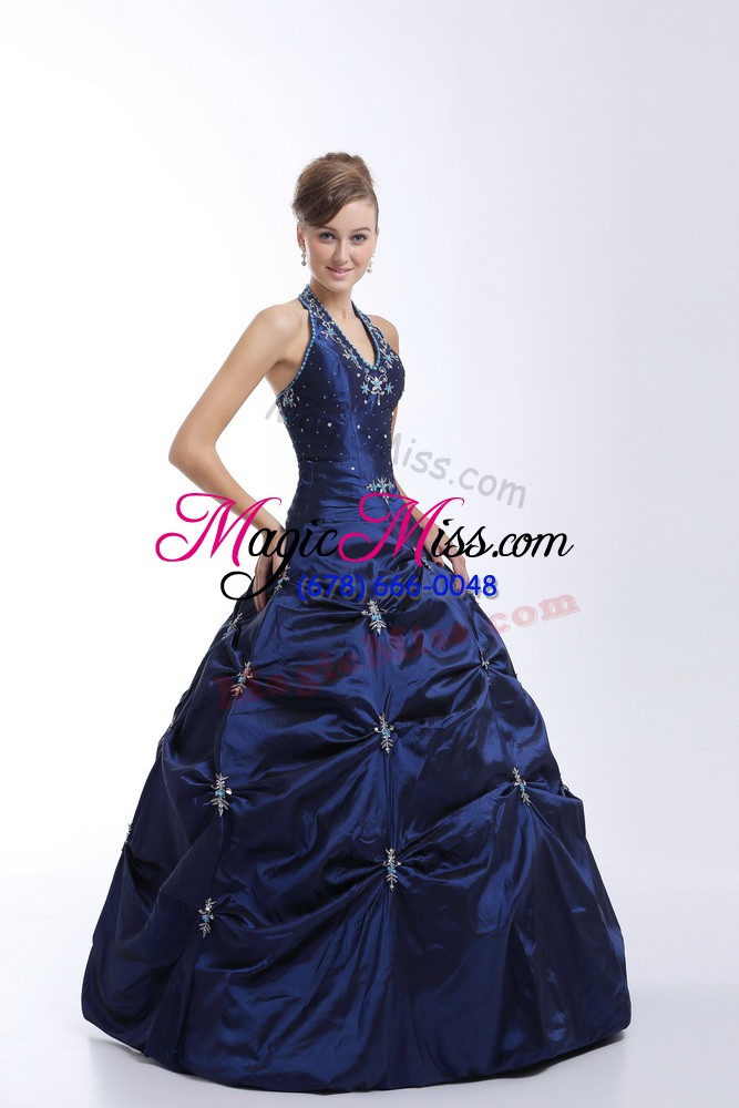 wholesale halter top sleeveless lace up quinceanera gown royal blue taffeta