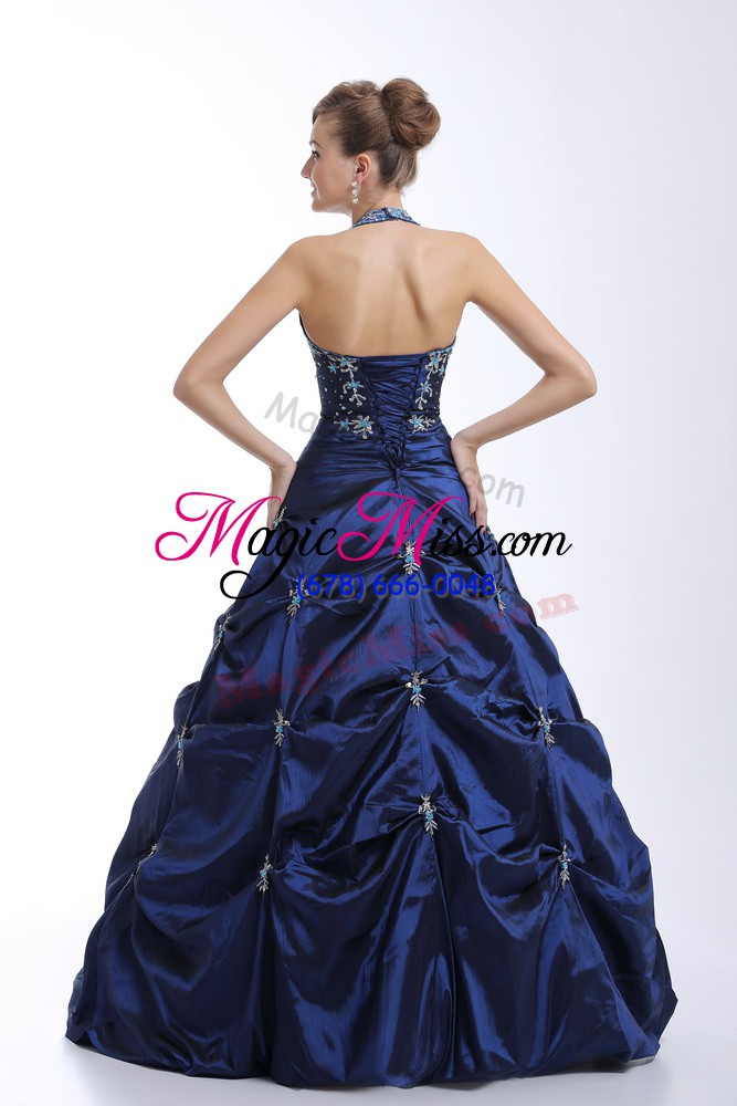 wholesale halter top sleeveless lace up quinceanera gown royal blue taffeta