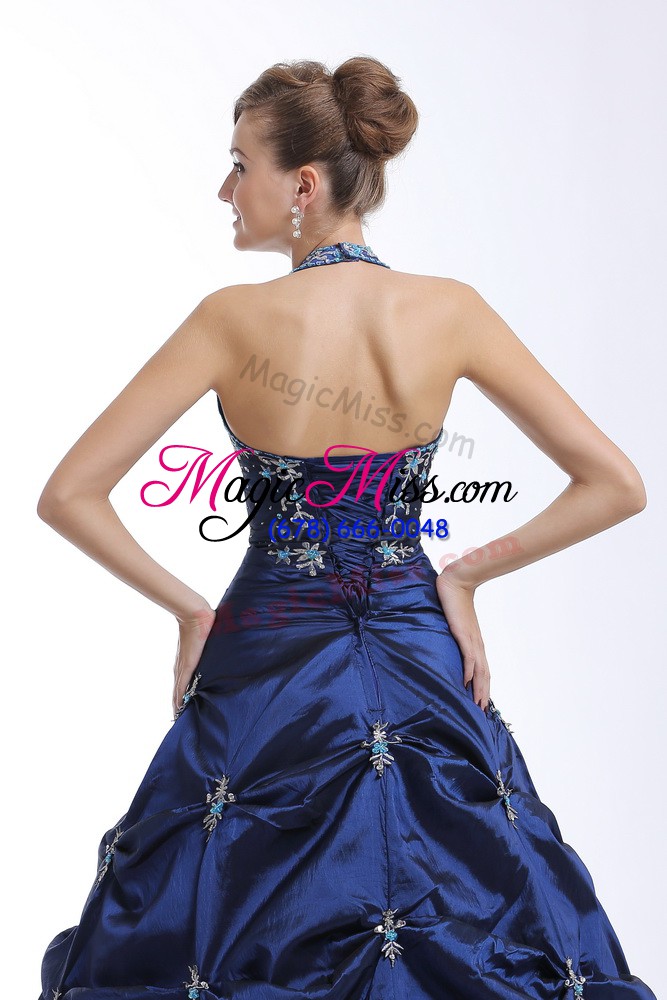 wholesale halter top sleeveless lace up quinceanera gown royal blue taffeta