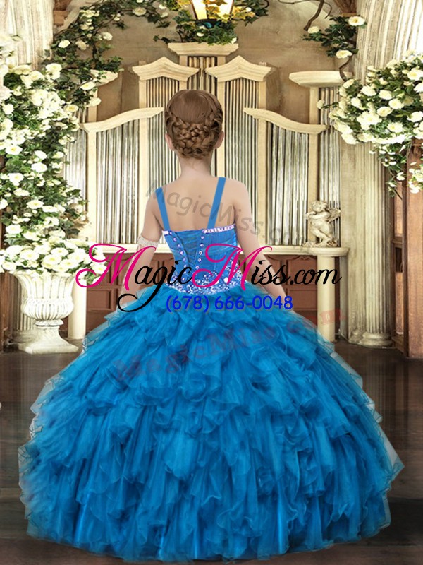 wholesale royal blue sleeveless beading and ruffles floor length kids pageant dress