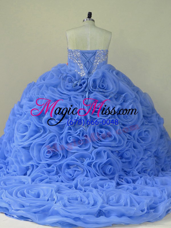 wholesale sleeveless beading lace up quinceanera dress with blue brush train