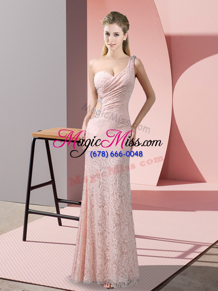 wholesale baby pink column/sheath lace one shoulder sleeveless beading and lace floor length criss cross