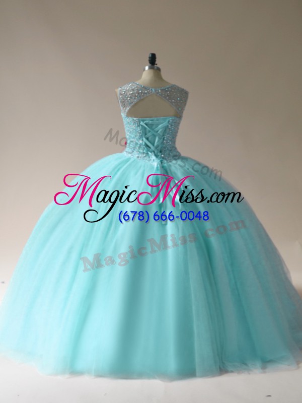 wholesale beading quinceanera gowns aqua blue lace up sleeveless floor length