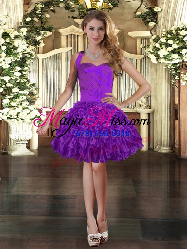 wholesale trendy three pieces quinceanera dress purple halter top organza sleeveless floor length lace up