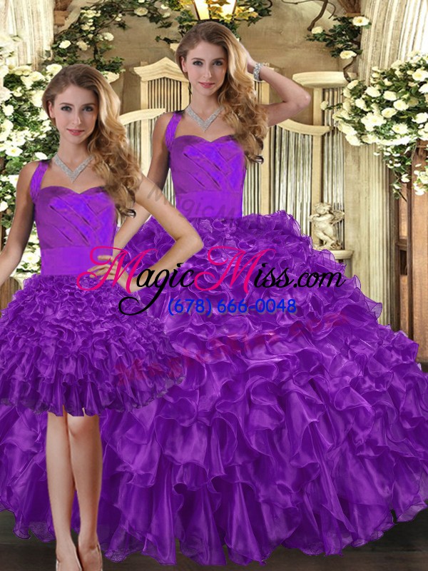 wholesale trendy three pieces quinceanera dress purple halter top organza sleeveless floor length lace up