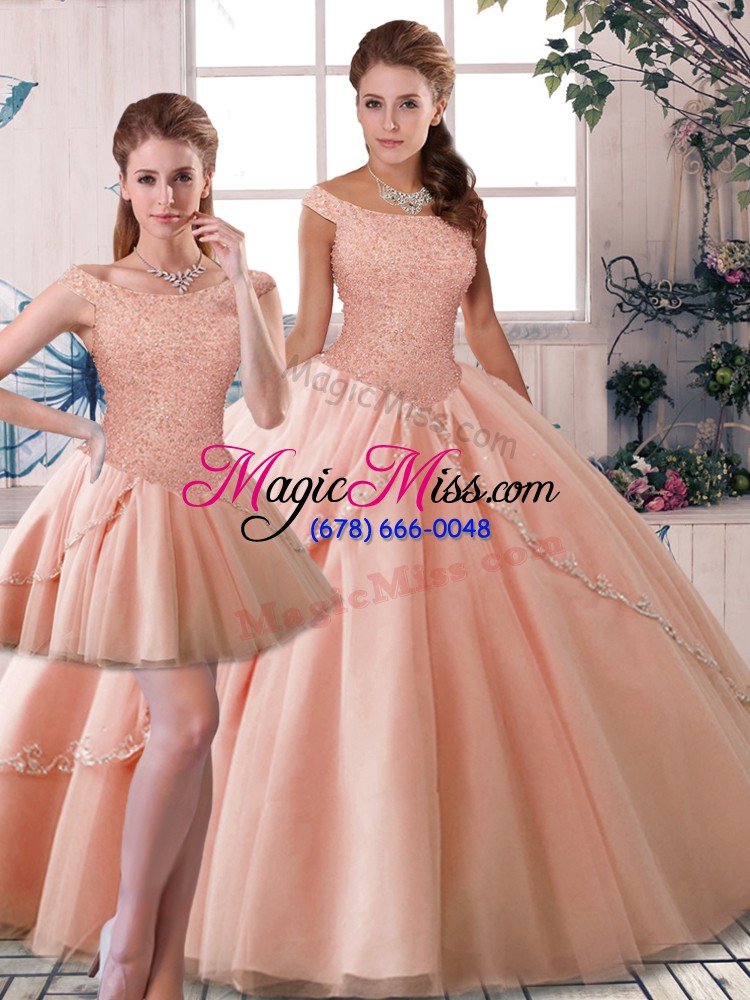 wholesale fantastic peach lace up quinceanera dresses beading sleeveless brush train