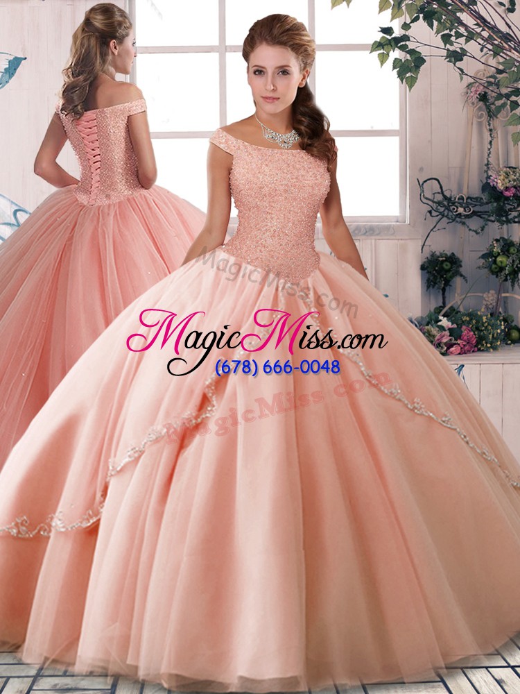 wholesale fantastic peach lace up quinceanera dresses beading sleeveless brush train