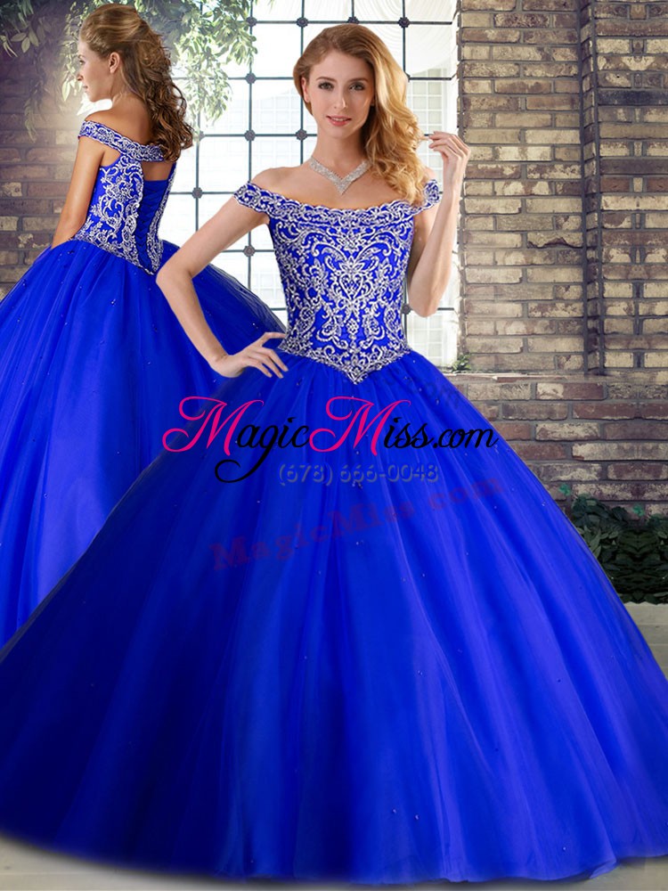 wholesale new arrival brush train two pieces quinceanera gown royal blue off the shoulder tulle sleeveless lace up