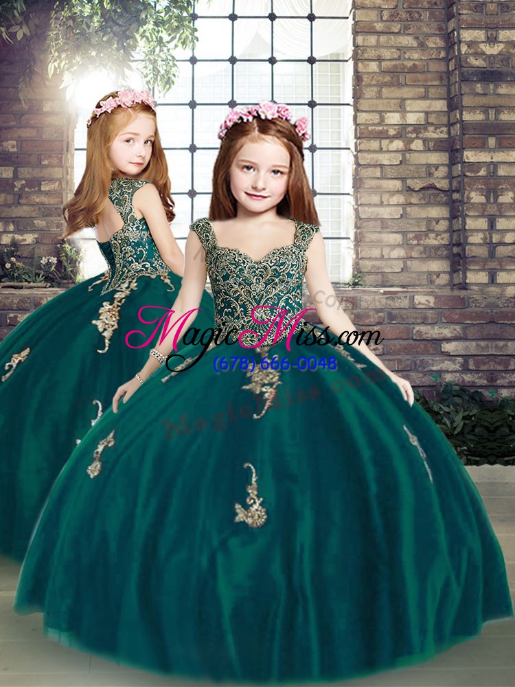 wholesale hot selling floor length peacock green quinceanera gown tulle sleeveless beading and appliques