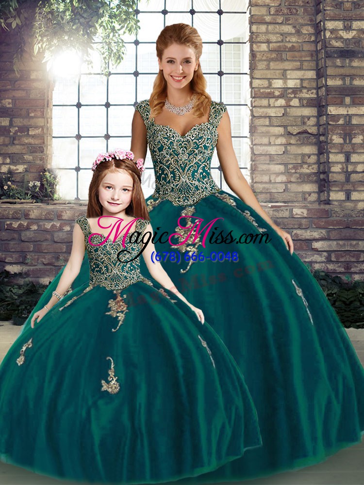 wholesale hot selling floor length peacock green quinceanera gown tulle sleeveless beading and appliques