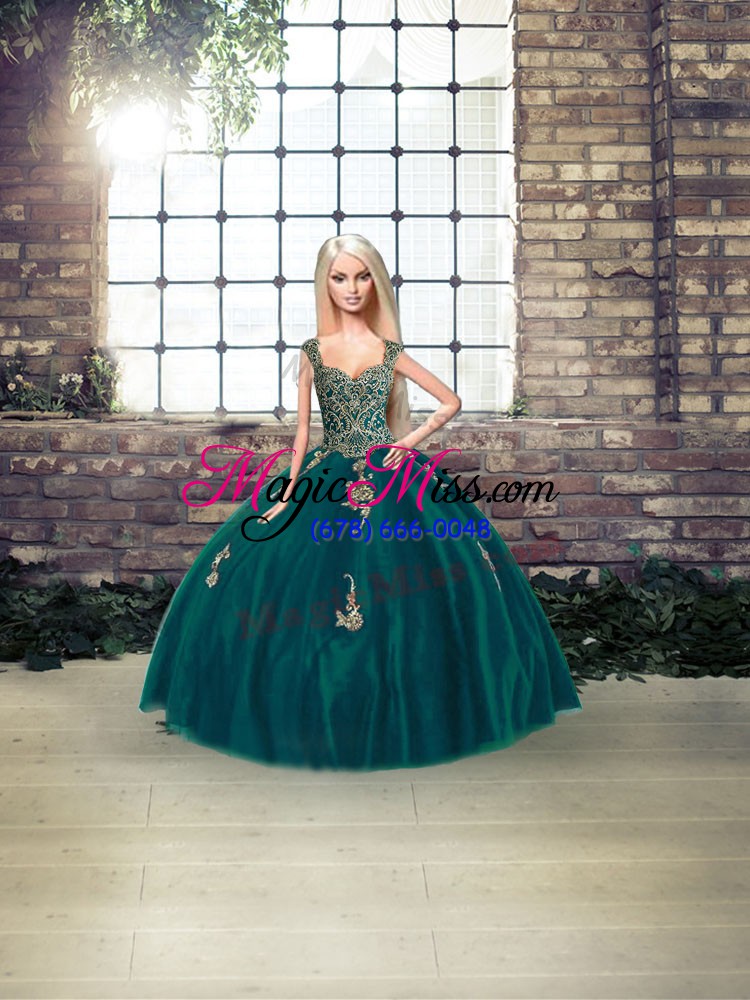 wholesale hot selling floor length peacock green quinceanera gown tulle sleeveless beading and appliques