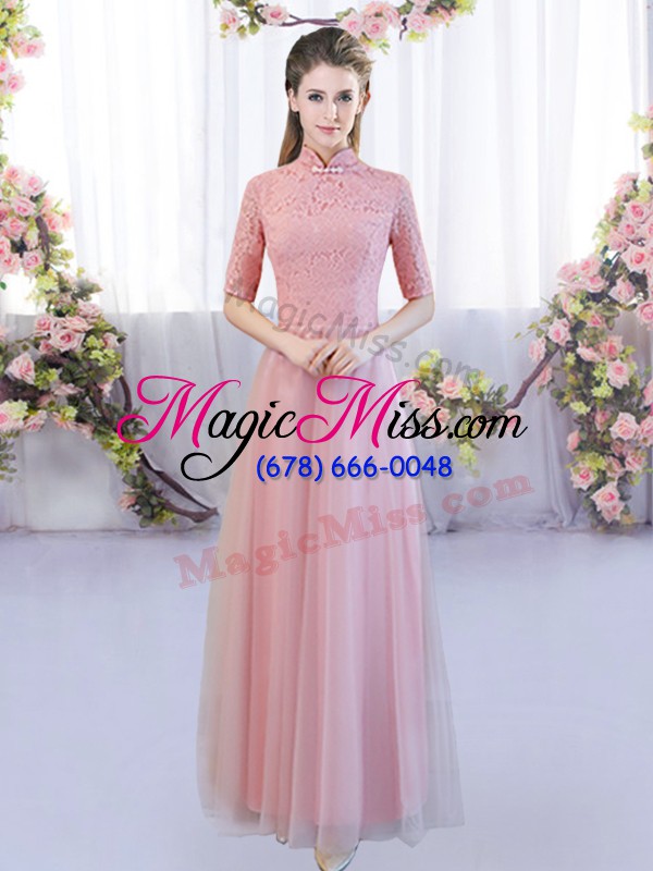 wholesale lace quinceanera dama dress pink zipper half sleeves floor length