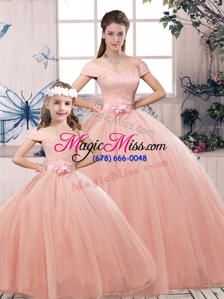 wholesale glittering short sleeves lace up floor length lace and hand made flower ball gown prom dress