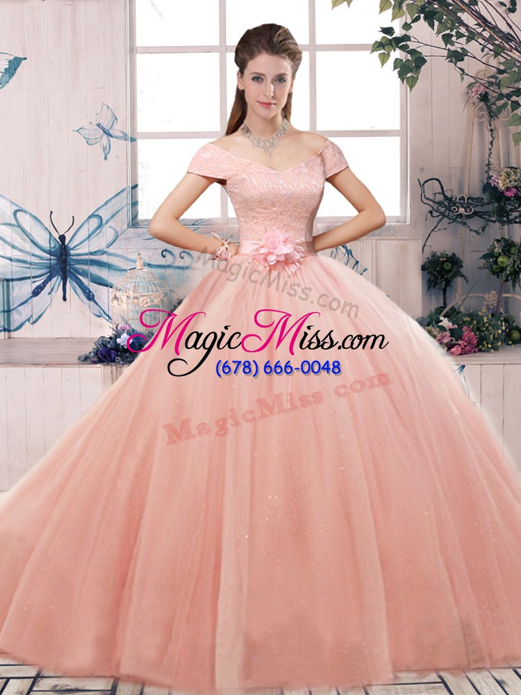 wholesale glittering short sleeves lace up floor length lace and hand made flower ball gown prom dress