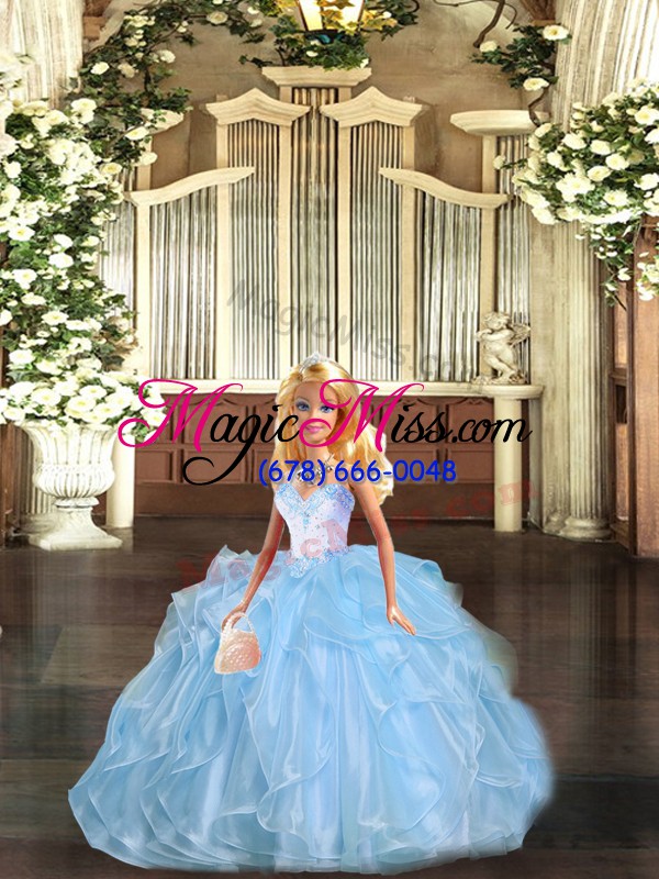 wholesale high end blue sweetheart neckline beading and ruffles quinceanera gown sleeveless lace up