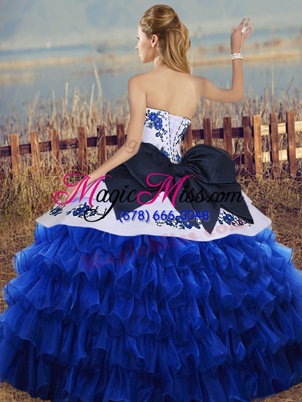 wholesale fantastic floor length blue and white 15 quinceanera dress organza sleeveless embroidery and ruffled layers and bowknot