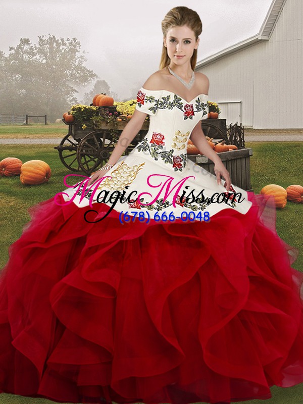 wholesale off the shoulder sleeveless tulle quinceanera gown embroidery and ruffles lace up