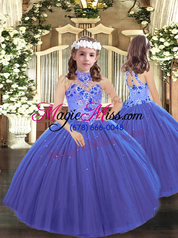 wholesale low price blue ball gowns tulle halter top sleeveless embroidery lace up sweet 16 dress