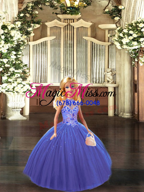 wholesale low price blue ball gowns tulle halter top sleeveless embroidery lace up sweet 16 dress