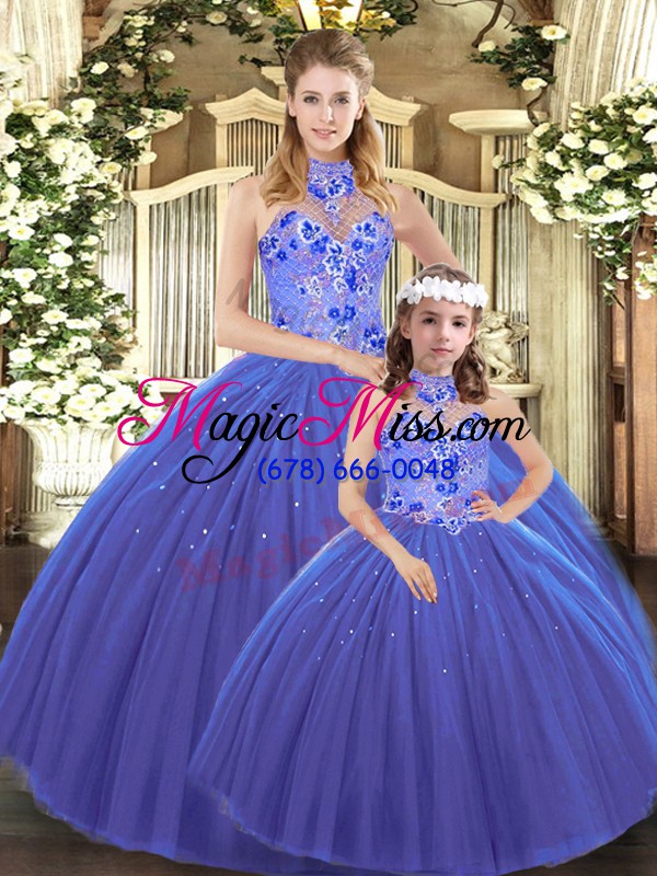 wholesale low price blue ball gowns tulle halter top sleeveless embroidery lace up sweet 16 dress