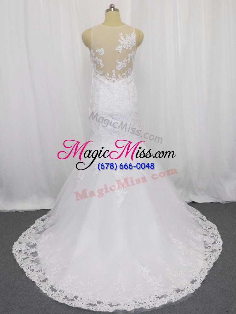 wholesale high end white tulle side zipper wedding gowns sleeveless brush train lace