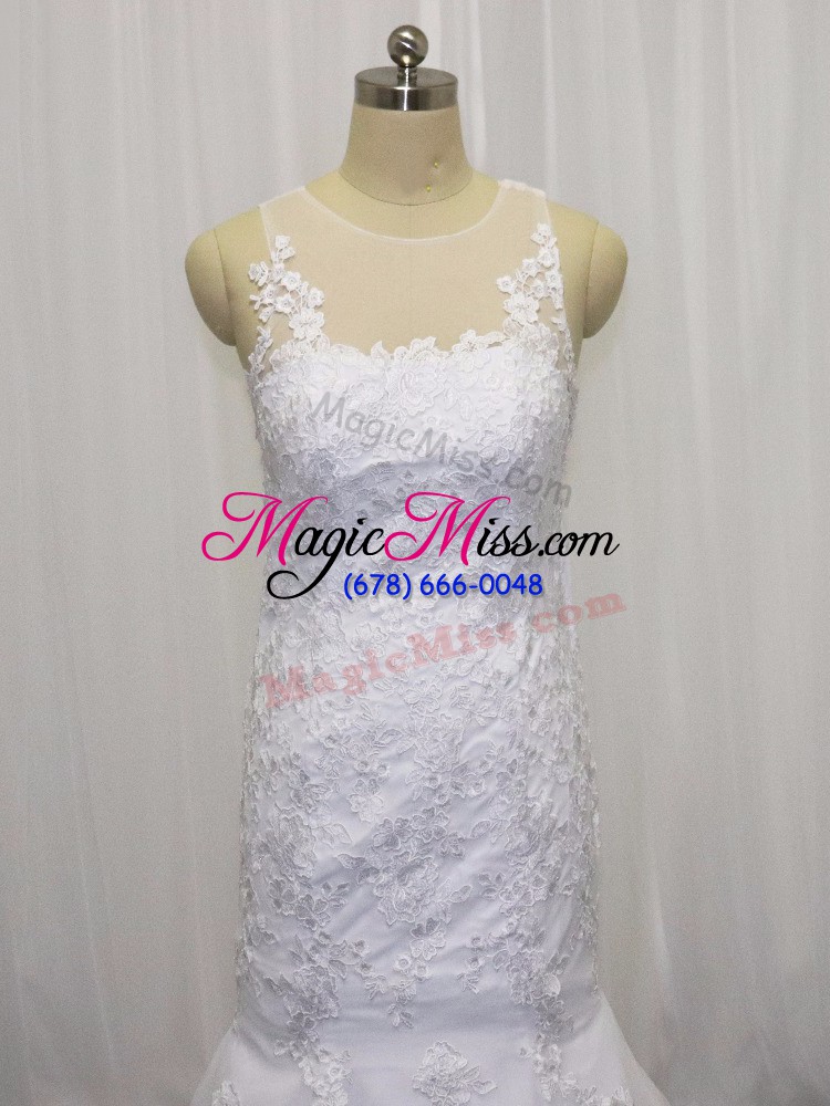 wholesale high end white tulle side zipper wedding gowns sleeveless brush train lace