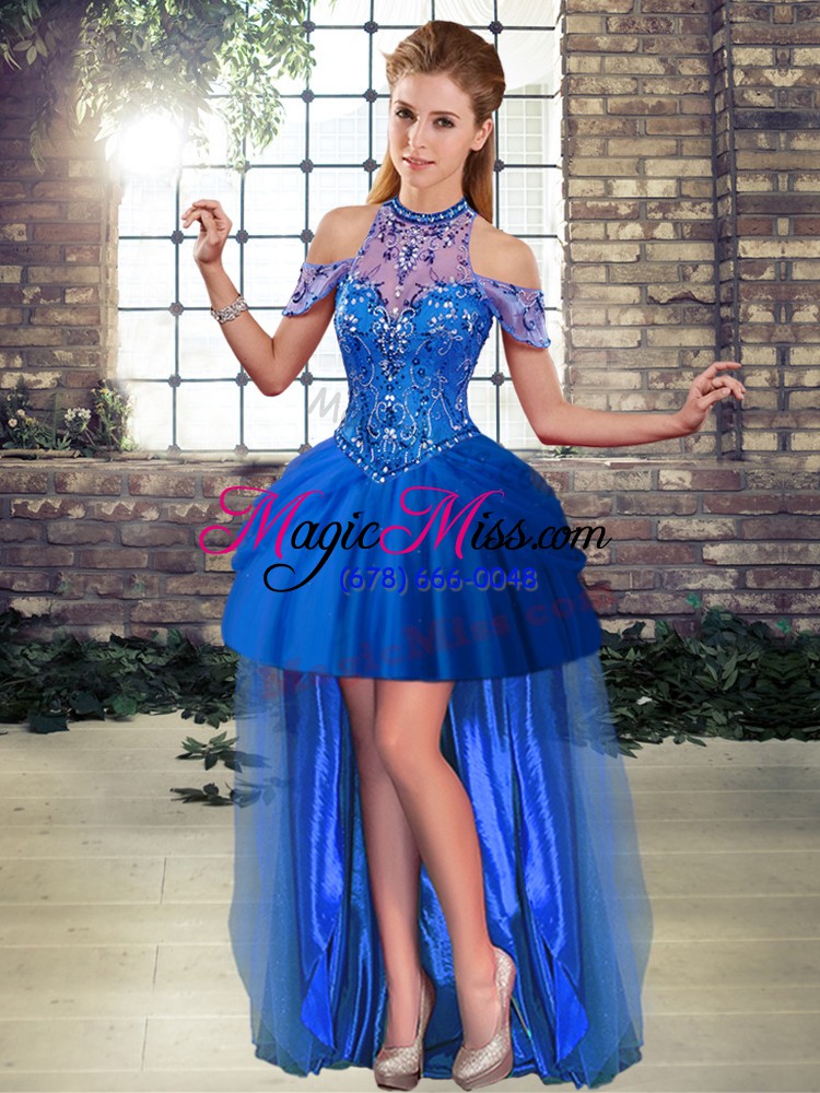 wholesale brush train ball gowns sweet 16 quinceanera dress blue halter top tulle sleeveless lace up