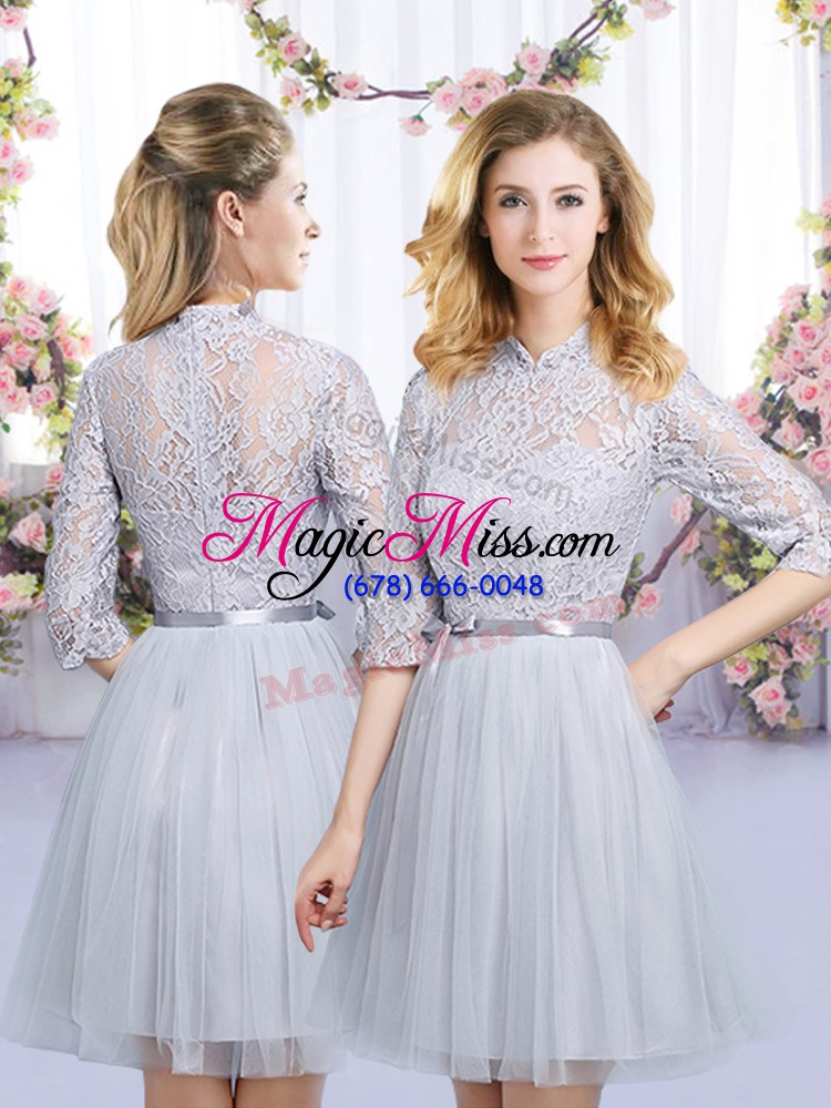 wholesale edgy high-neck half sleeves wedding party dress mini length lace and belt grey tulle