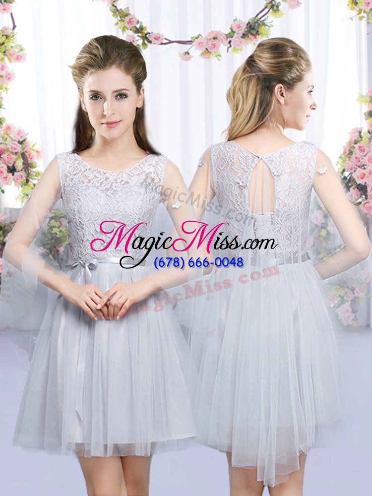 wholesale edgy high-neck half sleeves wedding party dress mini length lace and belt grey tulle