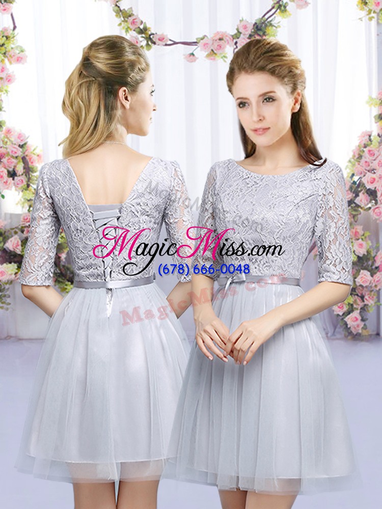 wholesale edgy high-neck half sleeves wedding party dress mini length lace and belt grey tulle